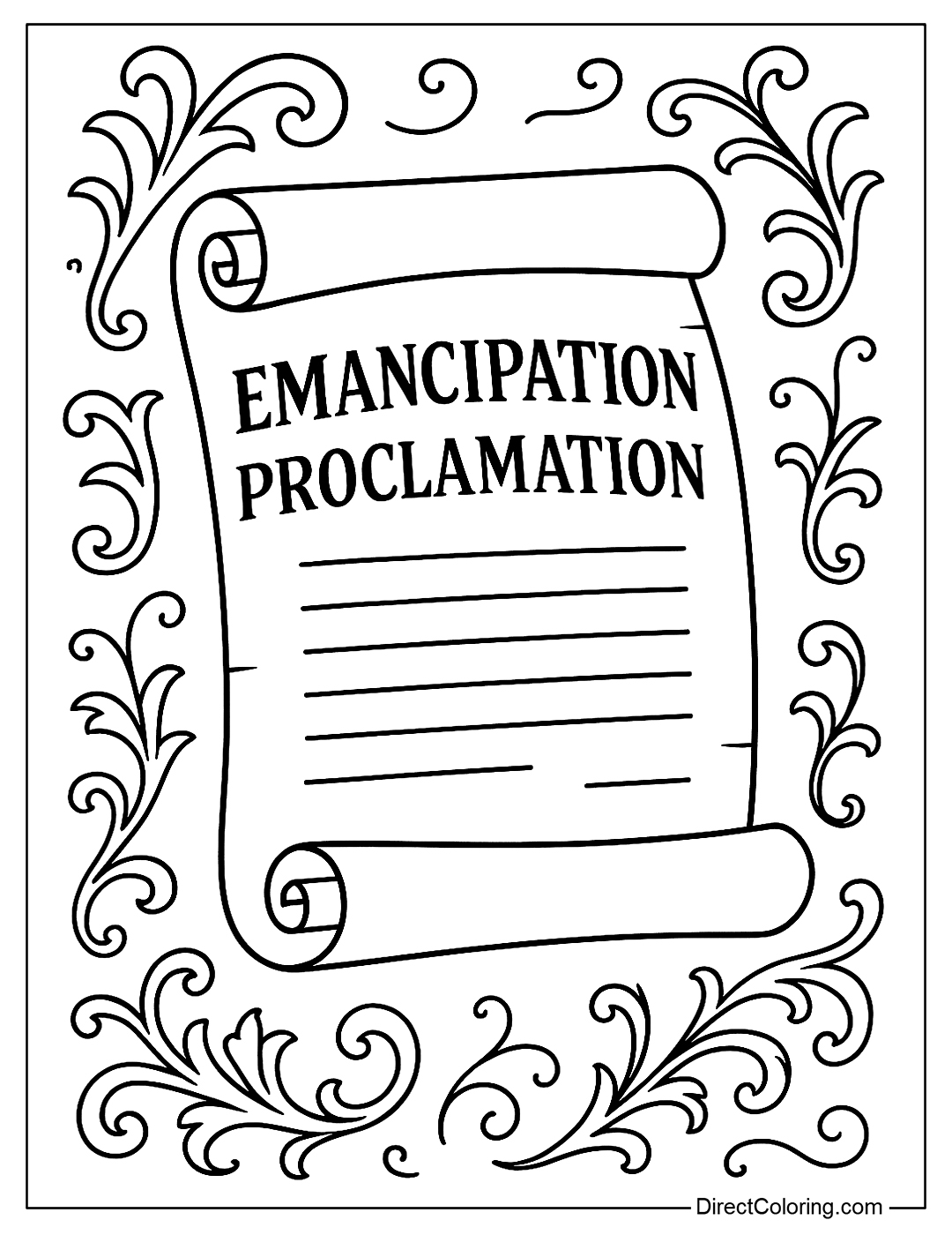 Coloring page for the “Emancipation Proclamation” scroll with a vintage pattern and historical text background.